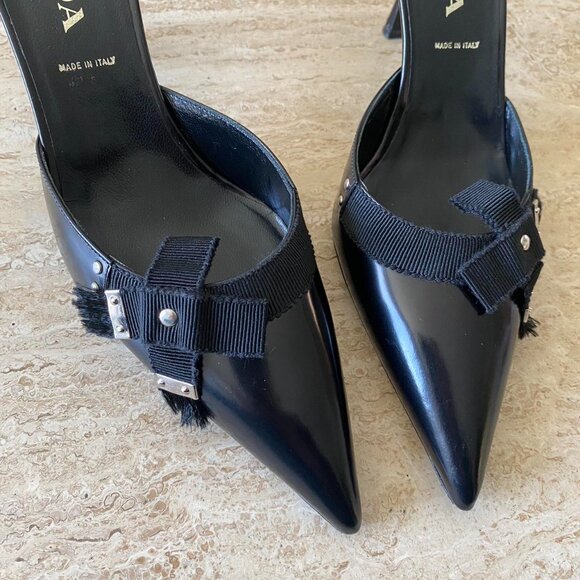 Prada Shoes - Vintage Prada black leather silver hardware ribbon mule heels